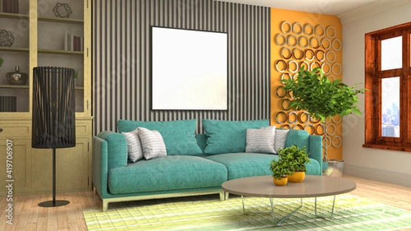 Fototapeta mock up poster frame in interior background. 3D Illustration