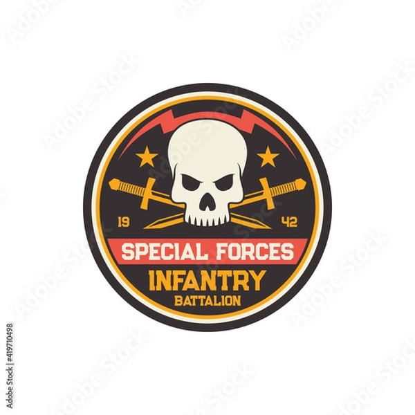 Fototapeta Infantry troop sub-subunit, military chevron, squad with crossed swords and skull isolated. Vector US army mascot with death sign human head skeleton trooper badge. Special forces squad chevron emblem