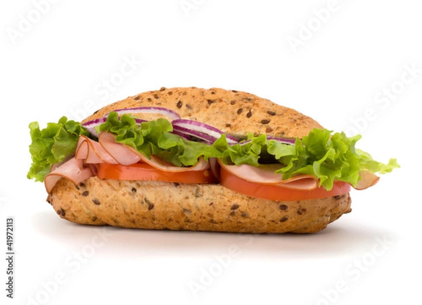 Fototapeta fast food baguette sandwich with lettuce, tomato, ham and chees