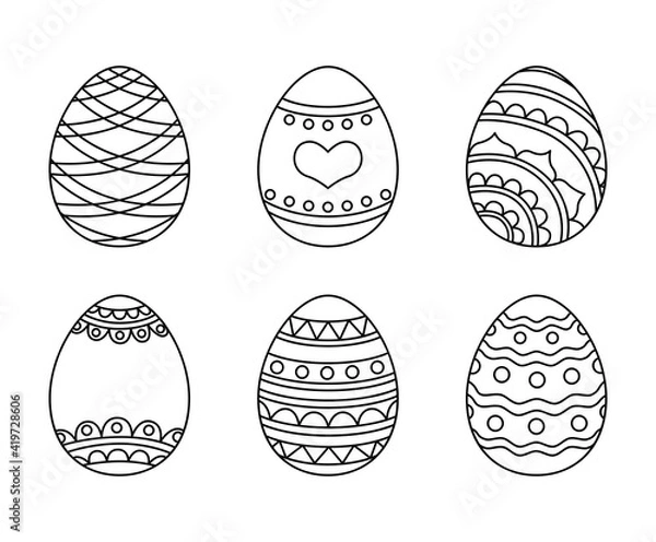 Obraz Vector line art Easter eggs for coloring. Isolated collection of spring holiday elements. Set of funny cartoon eggs for decoration and hunt.