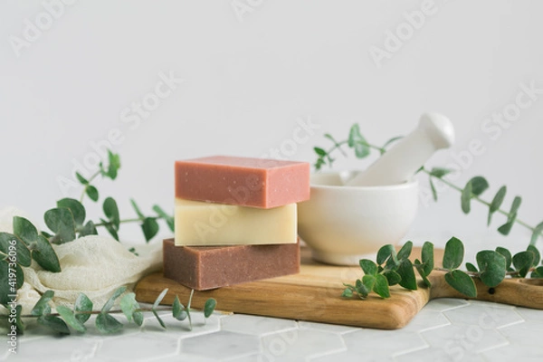 Obraz Natural bars of homemade soap on white background