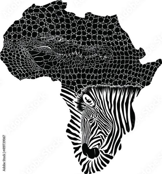 Obraz Crocodile and zebra as a background map of Africa