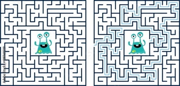 Obraz Circular maze with way from center to exit on turquoise blue background. Problem, confusion and solution concept. Flat design