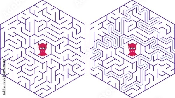 Fototapeta Circular maze with way from center to exit on turquoise blue background. Problem, confusion and solution concept. Flat design
