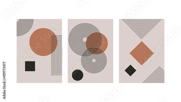Obraz Set of abstract contemporary with geometric shapes. Design for wallpaper, background, wall decor, cover, print, card, branding. Modern boho minimalist art. Vector 