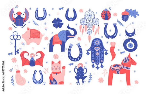 Fototapeta Set of lucky charms, symbols, amulets, talismans. Good fortune symbols clipart. Symbols of good luck, prosperity and success. Horseshoe, clover, Maneki Neko, dala horse, evil eye, dreamcatcher