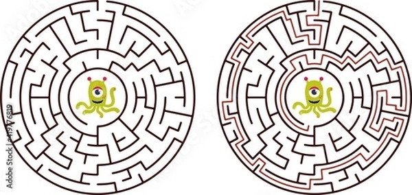 Fototapeta round maze. Game for kids. Children s puzzle. Many entrances, one exit. Labyrinth conundrum.