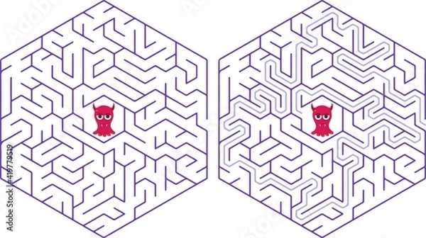 Fototapeta Education logic game labyrinth for kids. Find right way. Isolated simple square maze line on white background. With the solution. Vector illustration.