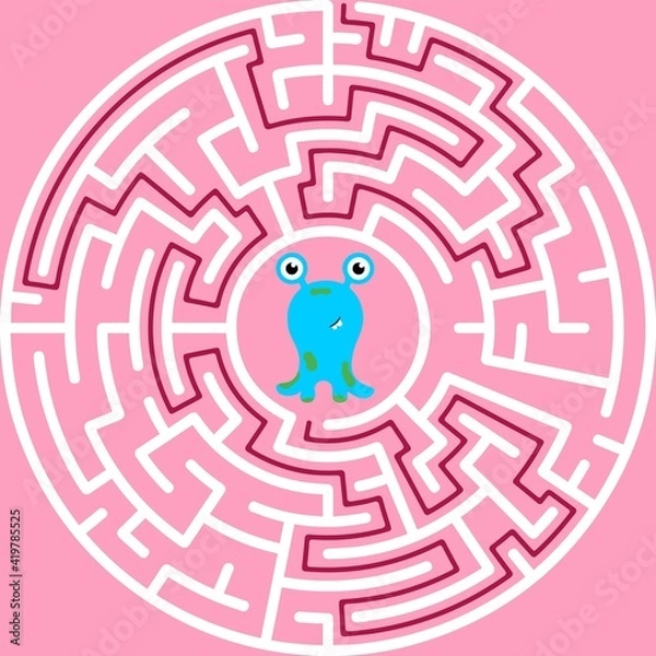 Obraz Circular maze with way from center to exit on turquoise blue background. Problem, confusion and solution concept. Flat design.