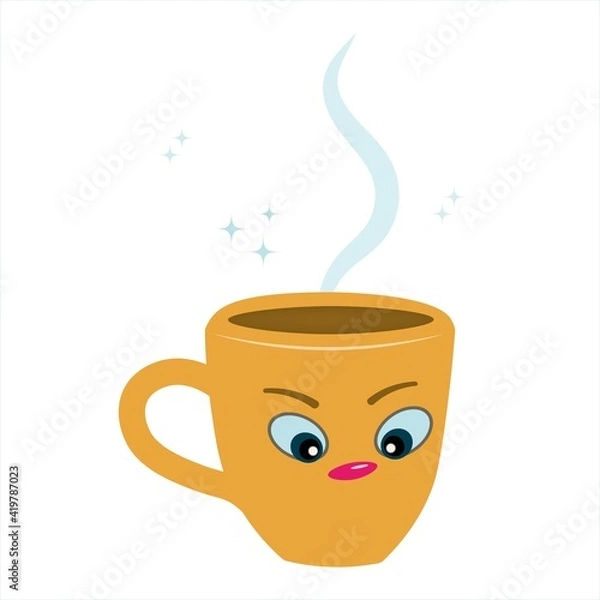 Fototapeta Cartoon yellow cup. A funny character. Coffee, earthenware dishes with an anthropomorphic face. Vector isolated illustration of comic kitchen utensils on white background. Menu design, templates.