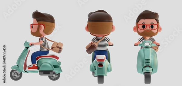 Fototapeta 3d render illustration of cute man, boy character carrying bag riding on a scooter , motorcycle in different view, front, side, back