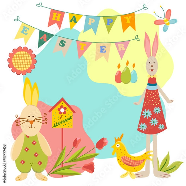 Fototapeta Easter card with spring flowers, candle eggs, bunny, chick, birdhouse. Checkboxes with the inscription happy easter. Vector cartoon illustration. Decoration for Happy Easter