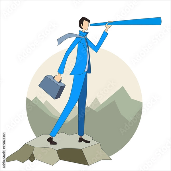 Obraz Businessman with telescope looking forward - vision, future strategy, mission concept