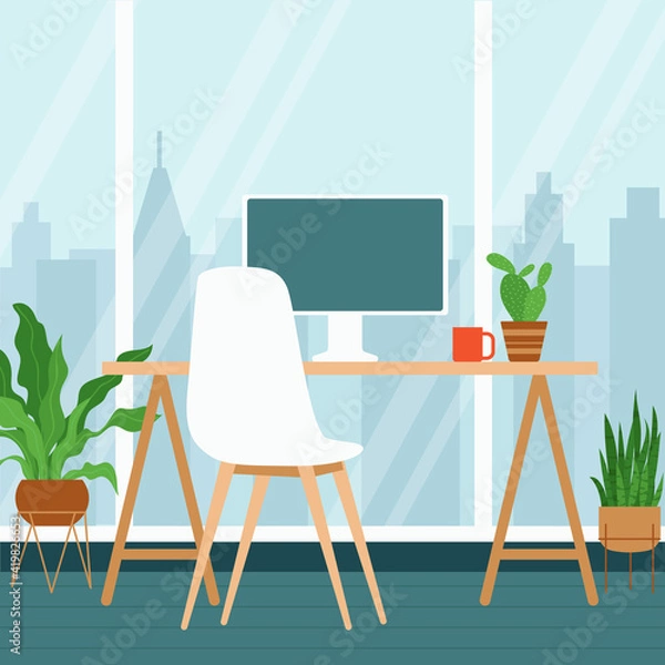 Fototapeta Interior with a workplace for a computer. Home office with houseplants and a large window, coworking space. Concept of remote work, freelancing, programming, coding, e-learning. Vector illustration