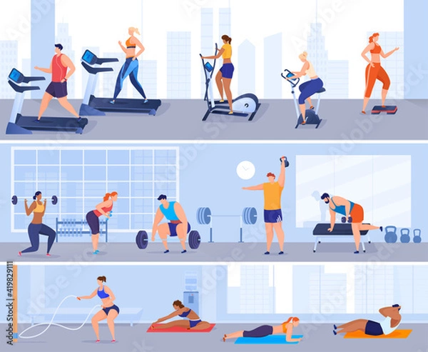 Fototapeta Men and women play sports in the gym. Gymnastics, exercise machines, weightlifting. Keeping the body in good physical shape. Colorful vector illustration in flat cartoon style.