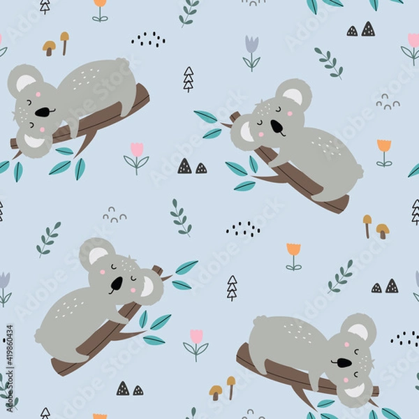 Fototapeta Koala seamless pattern Cartoon characters perched on branches with flowers as a backdrop Cute hand-drawn animal background in childrens style Vector images used for print, wallpaper, fabric, textiles.