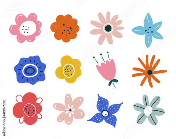 Fototapeta Set of spring summer flowers isolated on white background. Easter decoration. Set of floral branch. Hand drawn elements. Good for greeting cards, invitations, flyers and other graphic design. leaves