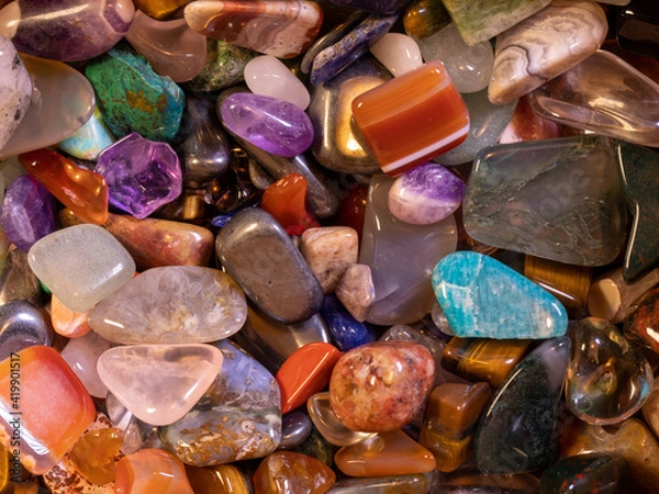 Fototapeta Gemstones minerals multiple colors topdown macro