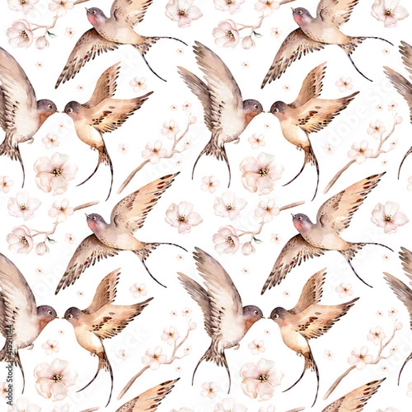 Fototapeta Watercolor spring flying swallows isolated and blossom flowers seamless pattern fabric background