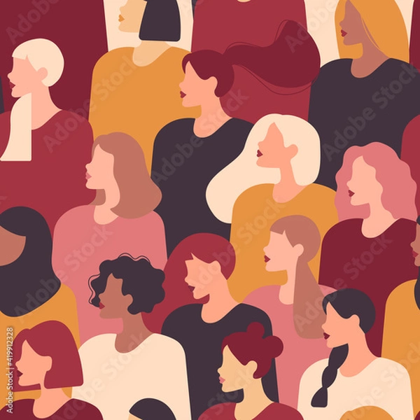 Obraz Vector seamless drawing with women of different nationalities and cultures. Women's struggle for freedom, independence, equality.