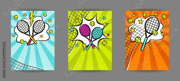 Obraz Bright pop art banners for Tennis with rackets, balls, net and stars. Cartoon text frame on a ray background. Comic Template for web design, banners, cards, coupons and posters. Vector illustration