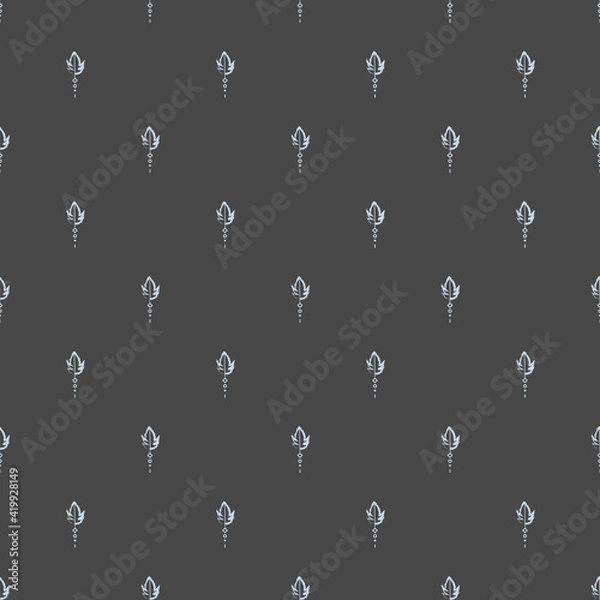Fototapeta Little light blue leaves and dots seamless repeating pattern with grey background. Vector illustration