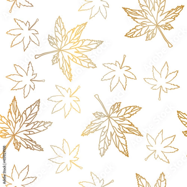 Fototapeta Gold maple leaves outlines seamless pattern with white background. Vector illustration