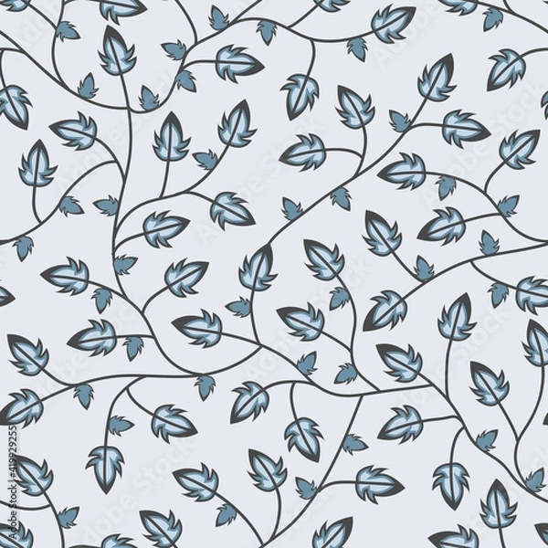 Fototapeta Blue five cornered Leaves branches seamless repeating pattern with light blue background. Vector illustration
