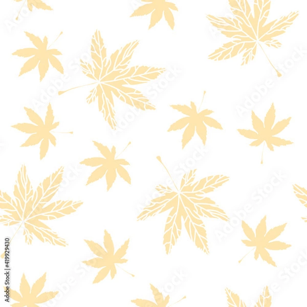 Fototapeta Gold maple leaves outlines seamless pattern with white background. Vector illustration