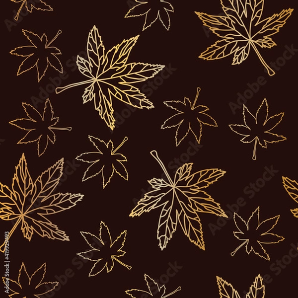 Fototapeta Gold maple leaves outlines seamless pattern with maroon background. Vector illustration