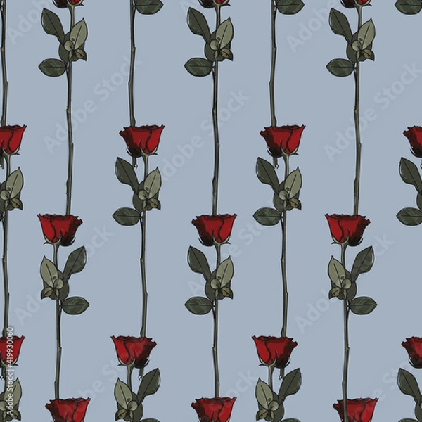 Fototapeta Vertically aligned Red roses seamless repeating pattern with light blue background. Vector illustration