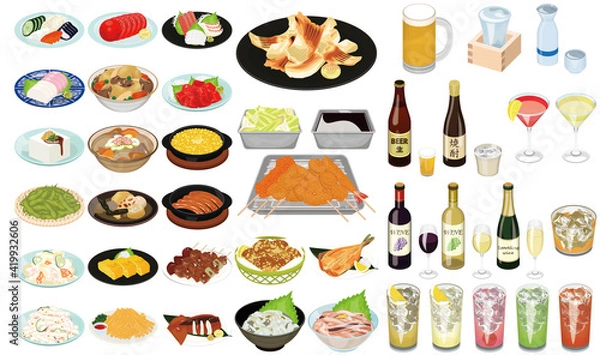 Obraz 居酒屋の人気メニューイラスト①（串カツ、焼鳥、もつ煮、ビール、ハイボール、サワー）