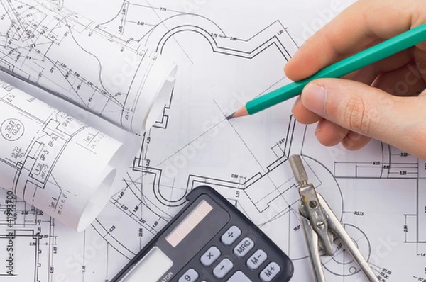 Obraz Architectural blueprints rolls,  technology project