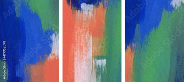 Fototapeta Three beautiful abstract artworks. Versatile artistic backdrops for creative design projects: posters, banners, cards, websites, invitations, wallpapers. Bright brush strokes on paper.