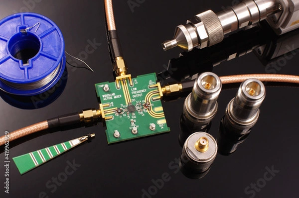Fototapeta RF PCB and equipment for testing and measurements isolated
