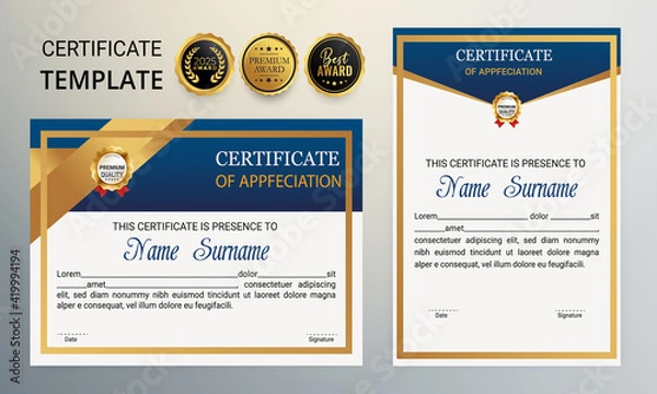 Fototapeta Certificate Template Design Set. Blue and gold certificate of achievement template. Vector Illustration. Certificate.