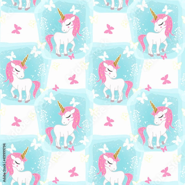 Obraz Seamless baby pattern with cute unicorns and butterflies on a blue, white background.