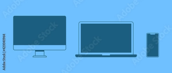 Fototapeta Awesome flat design template with blue device on blue background. Phone, laptop, desktop PC icon vector