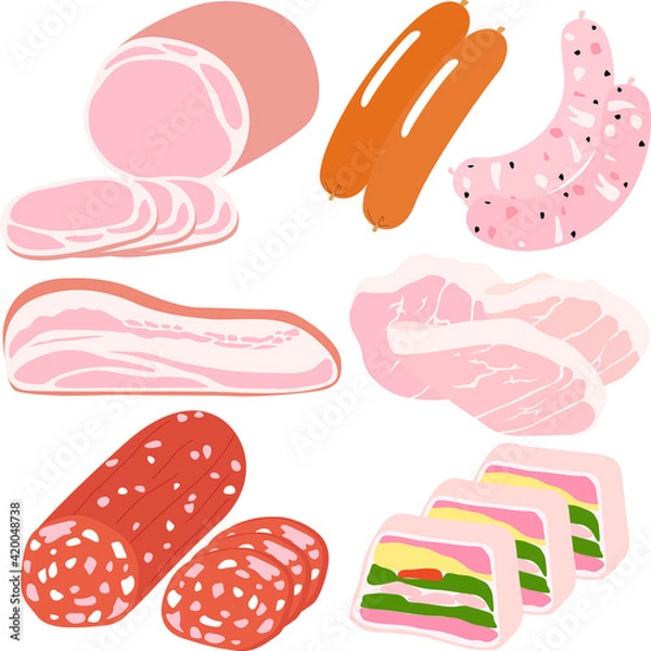 Obraz いろいろな加工肉のイラスト（カラー）