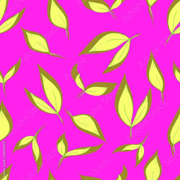 Fototapeta vector seamless pattern of leaves with yellow shadow on background. For fabrics, textiles, clothing, wallpaper, paper, backgrounds, flyers and invitations