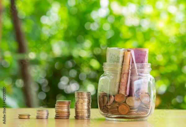 Fototapeta piggy bank on the green