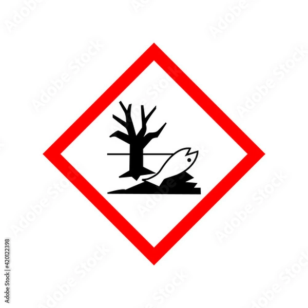 Fototapeta Dangerous for the environment warning sign. Vector illustration of red border square sign with dead fish and tree icon inside. Environmental pollution symbol. Caution danger zone. Contamination beware