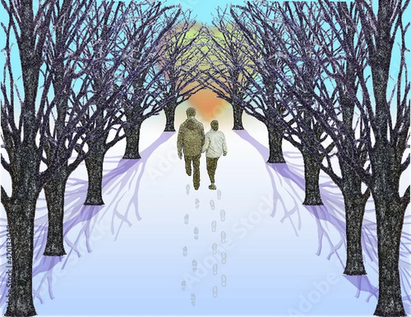 Obraz Couple walking on tree lined path into the sunset in winter
