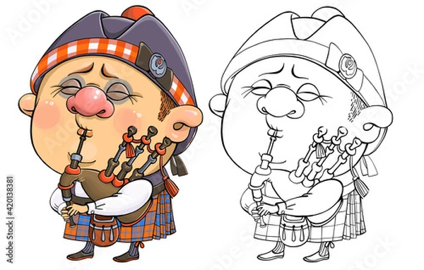 Fototapeta Vector cartoon for coloring. A funny illustration of a cute British piper in national costume with a musical instrument.