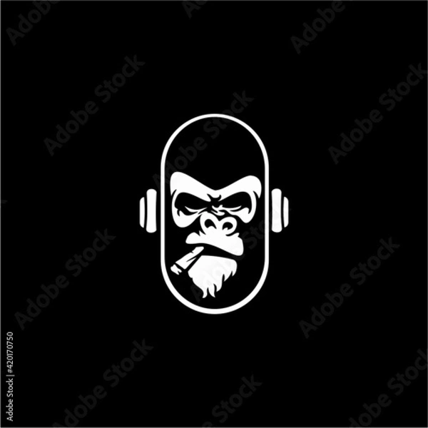 Fototapeta Gorilla head in monochrome style in headphones Vector illustration