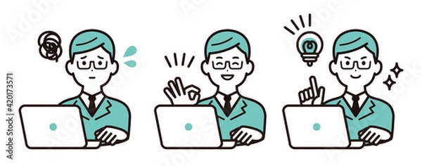 Obraz 表情のバリエーションのセット　ノートパソコンと、メガネをかけたビジネスマン
