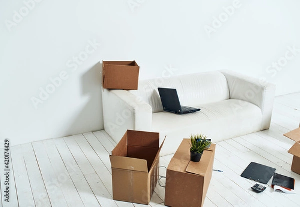 Obraz Boxes with things white sofa unpacking office moving