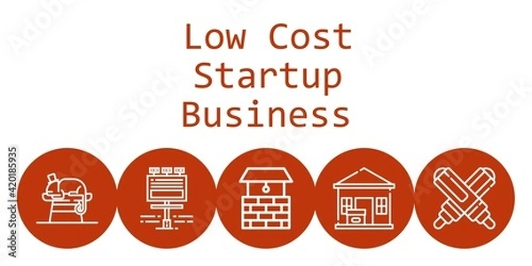 Fototapeta low cost startup business background concept with low cost startup business icons. Icons related chameleon, package delivered, marker, well, billboard