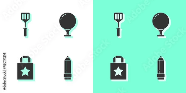 Fototapeta Set Pencil with eraser, Spatula, Paper shopping bag and Golf ball on tee icon. Vector