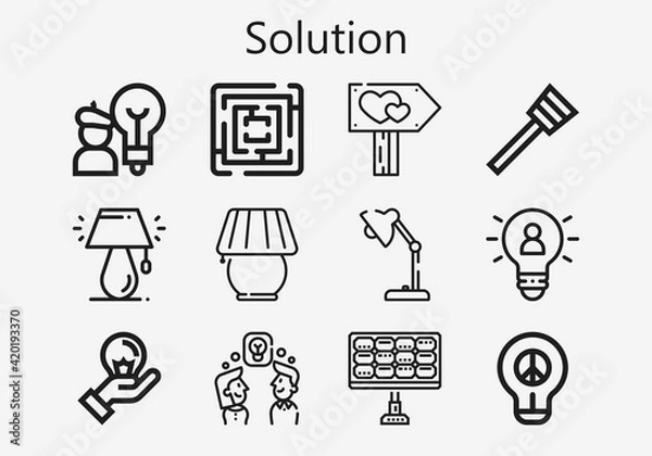 Fototapeta Premium set of solution [S] icons. Simple solution icon pack. Stroke vector illustration on a white background. Modern outline style icons collection of Idea, Labyrinth, Signpost, Lamp, Solar panel